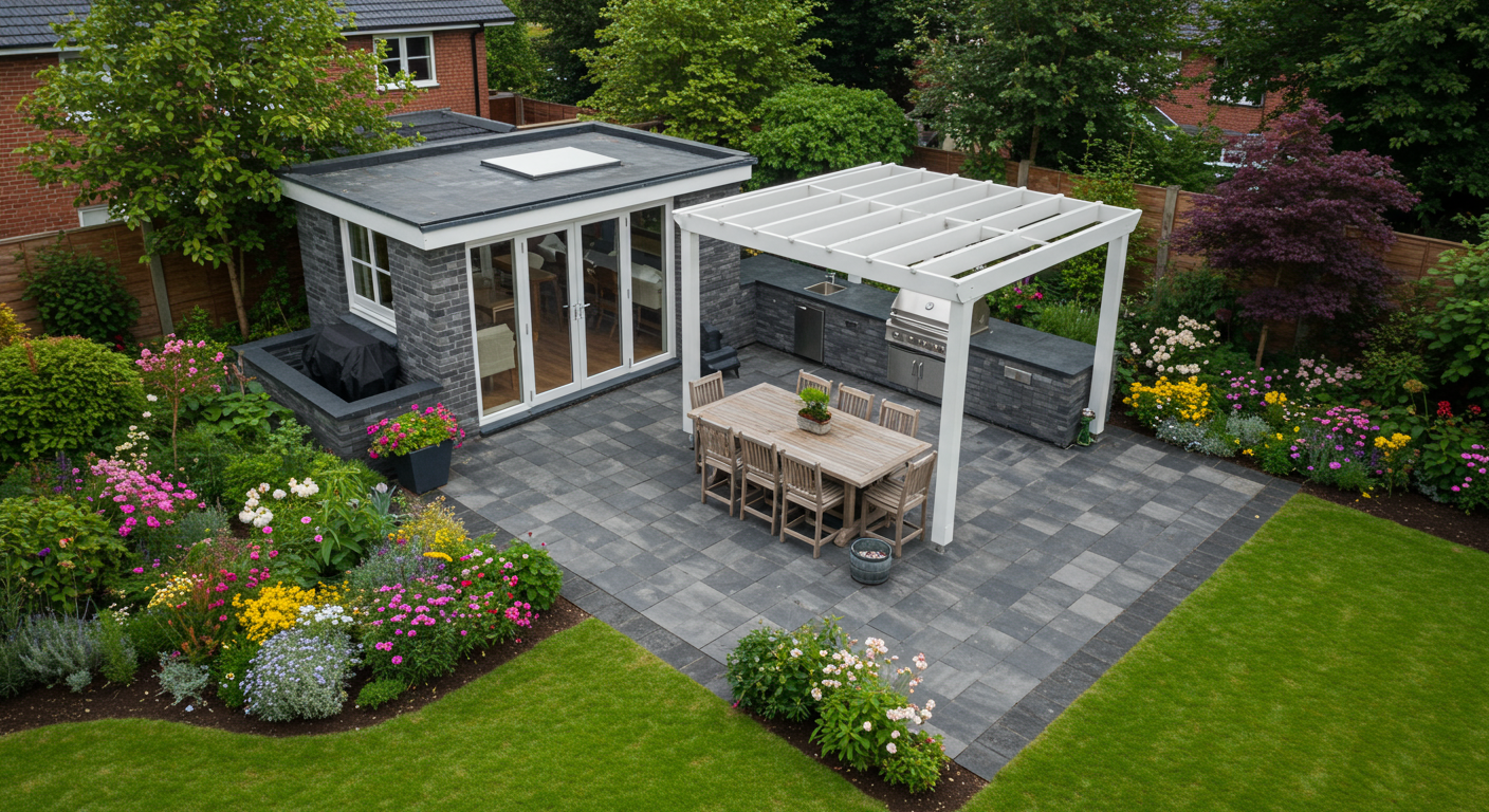 An aerial view of a beautifully landscaped backyard featuring a newly remodeled patio with an outdoor kitchen and dining area.