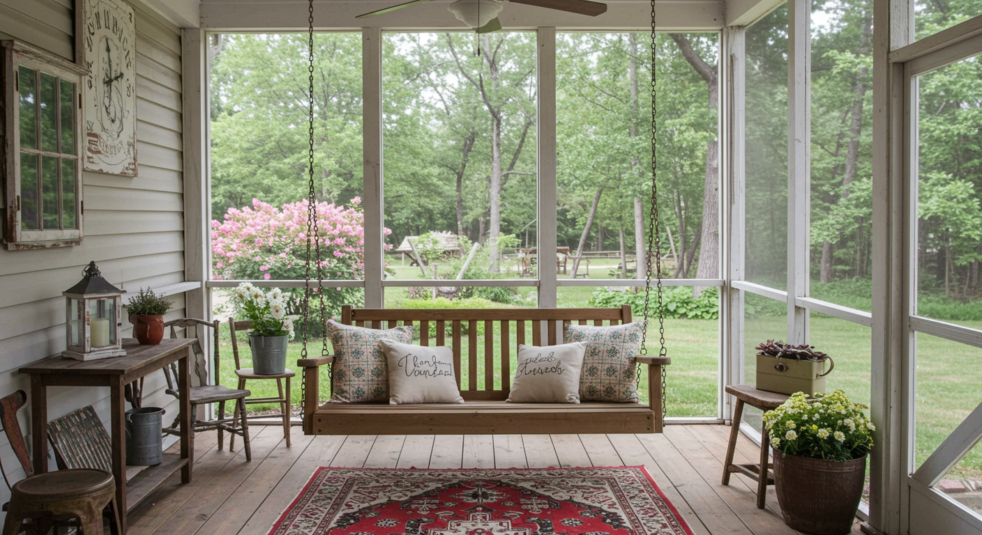 A charming screened-in patio with a farmhouse style, featuring a wooden swing, vintage decor, and a view of a blooming garden. The warm colors and natural materials create a welcoming vibe.