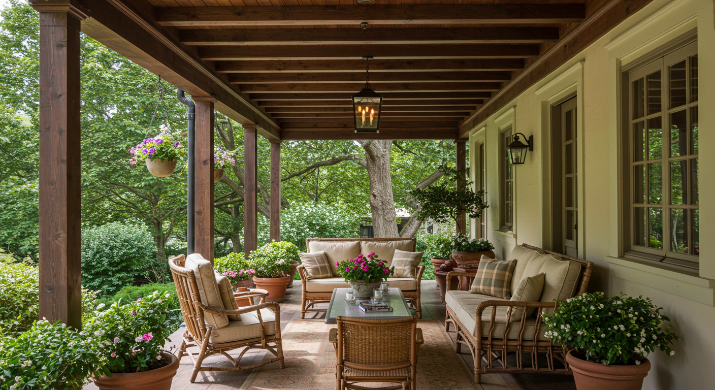 A beautifully designed covered porch featuring classic wooden beams and elegant furniture. The porch is adorned with potted plants and a cozy seating area, inviting relaxation.