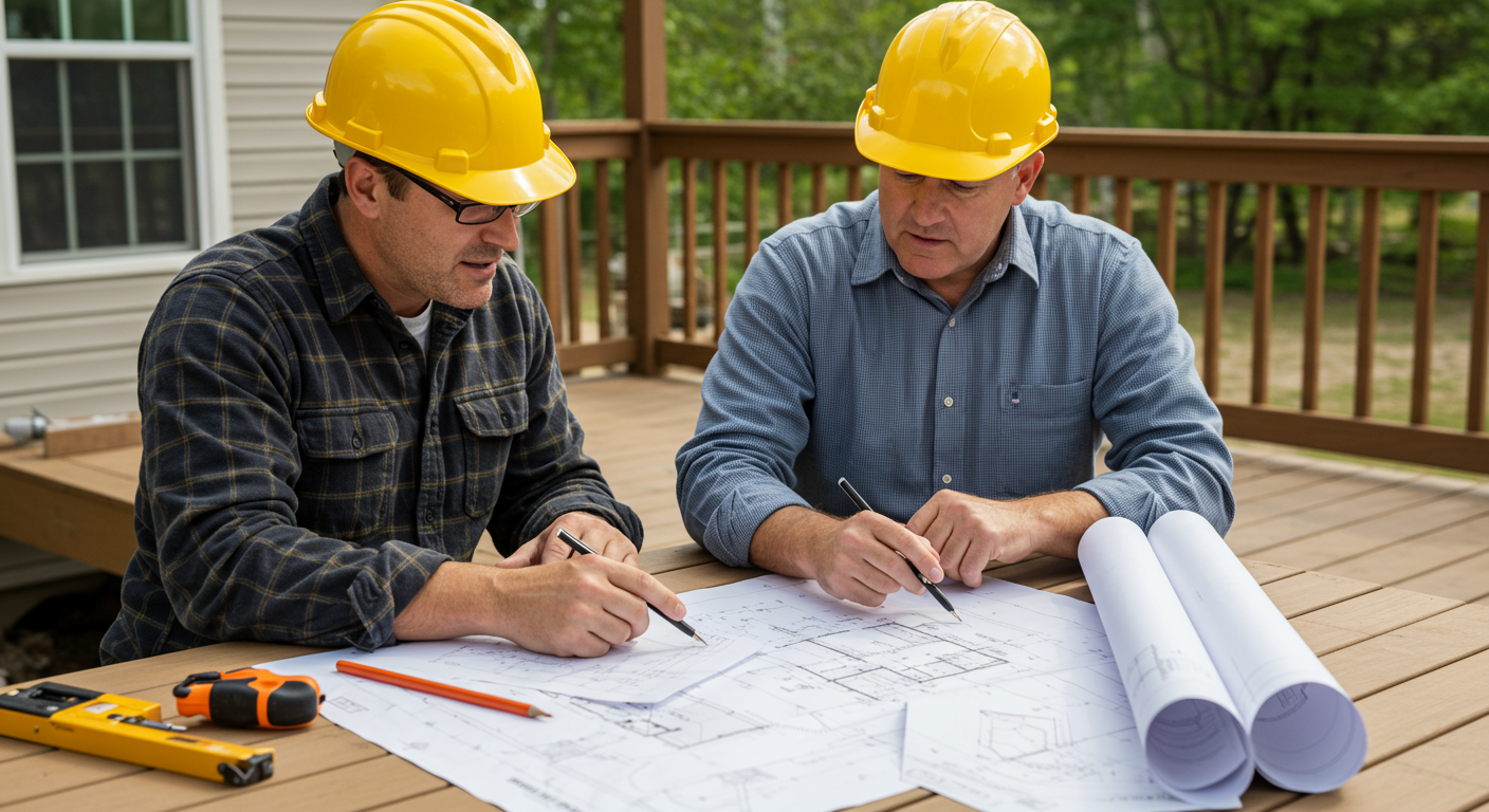 A professional contractor discussing deck plans with a homeowner on-site, with blueprints and tools visible, illustrating collaboration and expertise in deck design and construction.