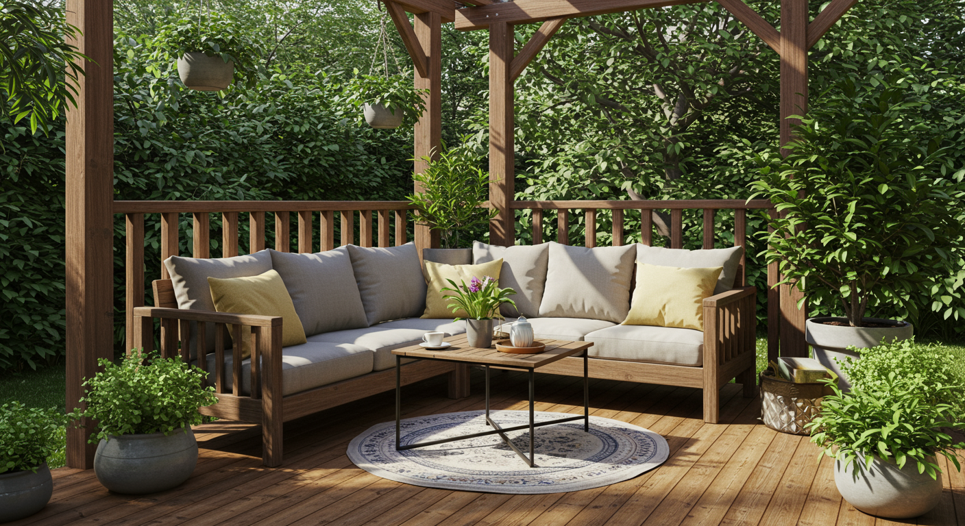 A cozy small backyard porch featuring a wooden deck with comfortable seating, surrounded by lush greenery and potted plants. The setting is inviting, with a small table and decorative cushions.