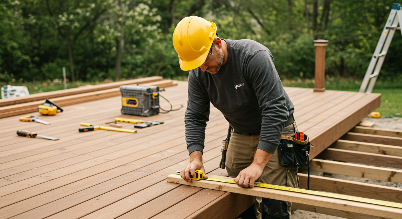 A skilled deck builder is seen measuring and cutting wood on-site, showcasing the craftsmanship involved in deck construction. The background features a partially constructed deck with tools and materials scattered around, emphasizing the work in progress.