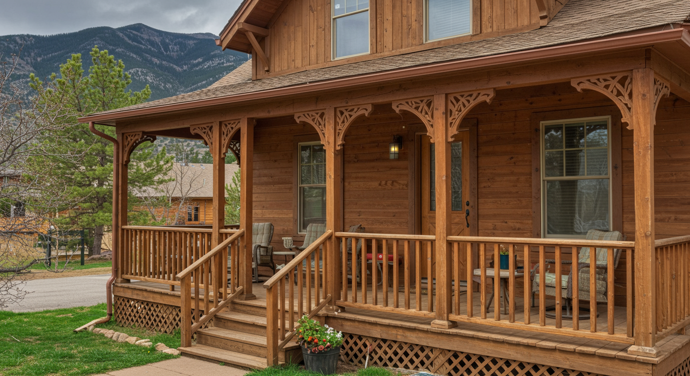 A beautifully crafted wooden front porch with intricate railings, adorned with potted plants and outdoor furniture, set against a backdrop of the Colorado Springs mountains.