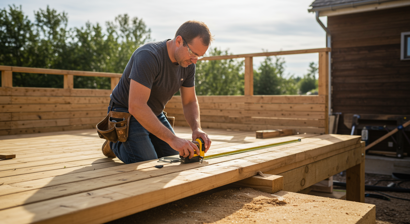 A professional contractor measuring and cutting wood planks on a sunny day, with a partially constructed deck in the background. The scene captures the essence of craftsmanship and attention to detail.