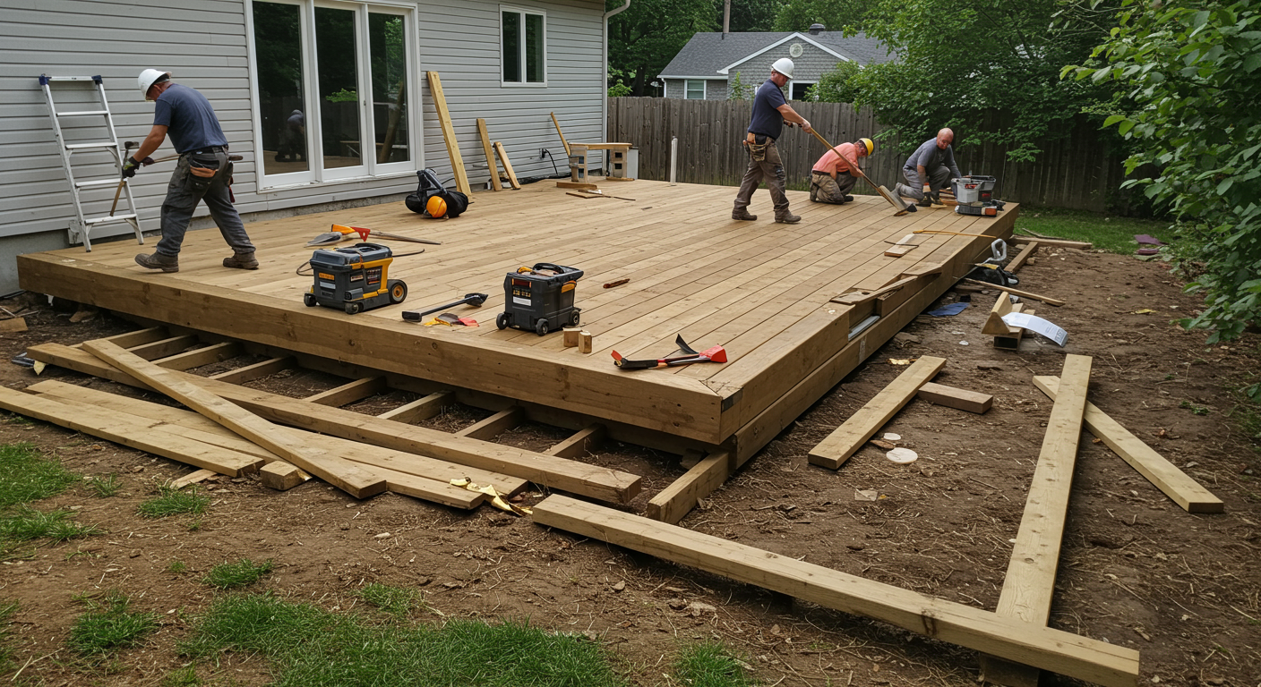 A dynamic scene of skilled workers constructing a wooden deck in a backyard setting. Tools and materials are visible, showcasing the craftsmanship involved in building a custom deck. The background features a partially completed home, emphasizing the construction process.