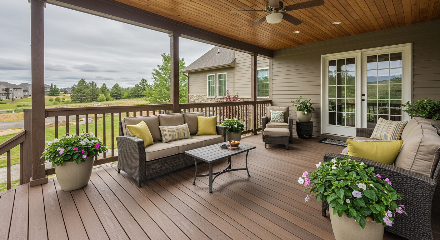 A beautifully designed porch deck featuring a mix of composite and natural wood materials. The deck is adorned with comfortable outdoor furniture, potted plants, and a scenic view of Broomfield's landscape in the background.