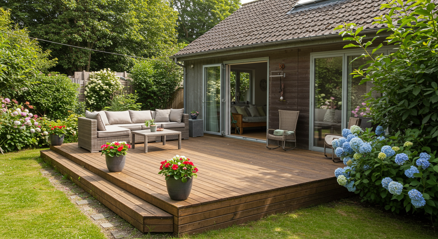 A beautifully designed wooden deck extending from a modern home, surrounded by lush greenery and colorful flowers. The deck features stylish outdoor furniture, creating an inviting space for relaxation and entertainment.