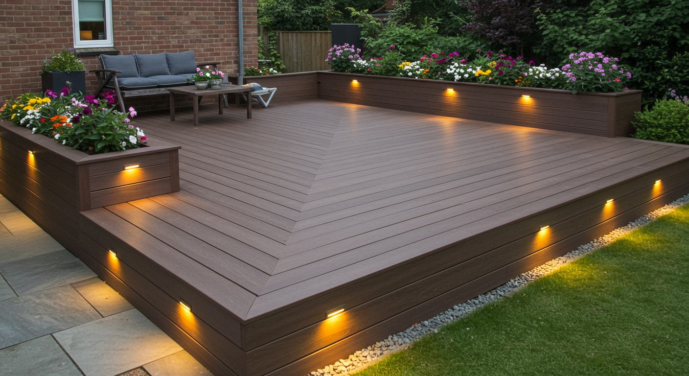 An elegant back patio deck made of composite materials, featuring built-in lighting that highlights the deck's edges. The deck is complemented by integrated planters filled with vibrant flowers, creating a serene outdoor retreat.