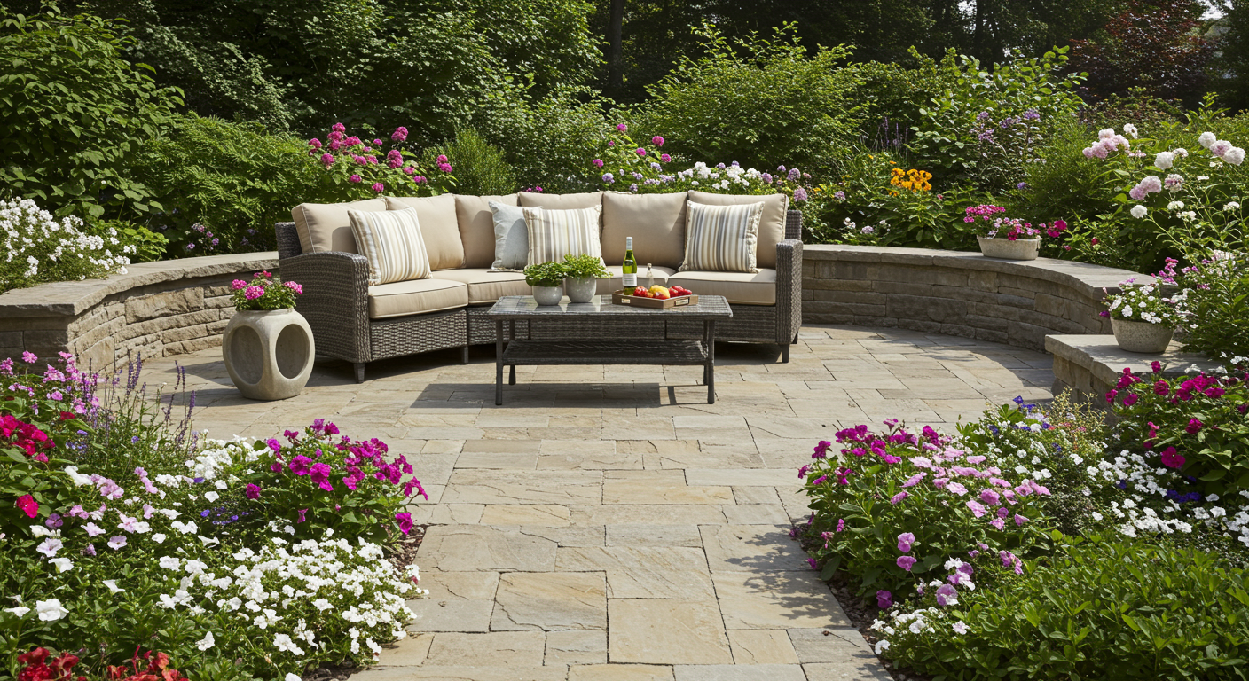 A beautifully designed patio featuring natural stone pavers, surrounded by lush greenery and colorful flowers. A cozy seating area with stylish outdoor furniture is set up, inviting relaxation.