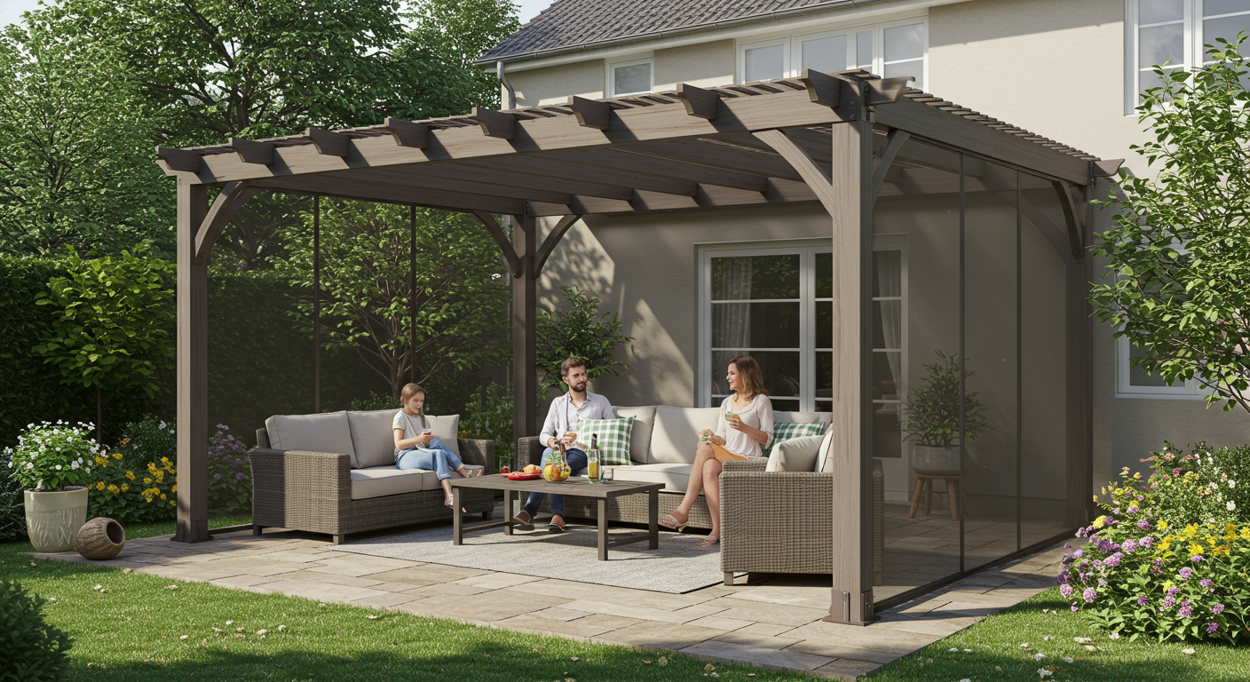 A beautifully designed enclosed pergola in a residential backyard, featuring comfortable outdoor furniture and lush greenery surrounding it. The scene captures a family enjoying their outdoor space, showcasing the pergola's functionality and aesthetic appeal.