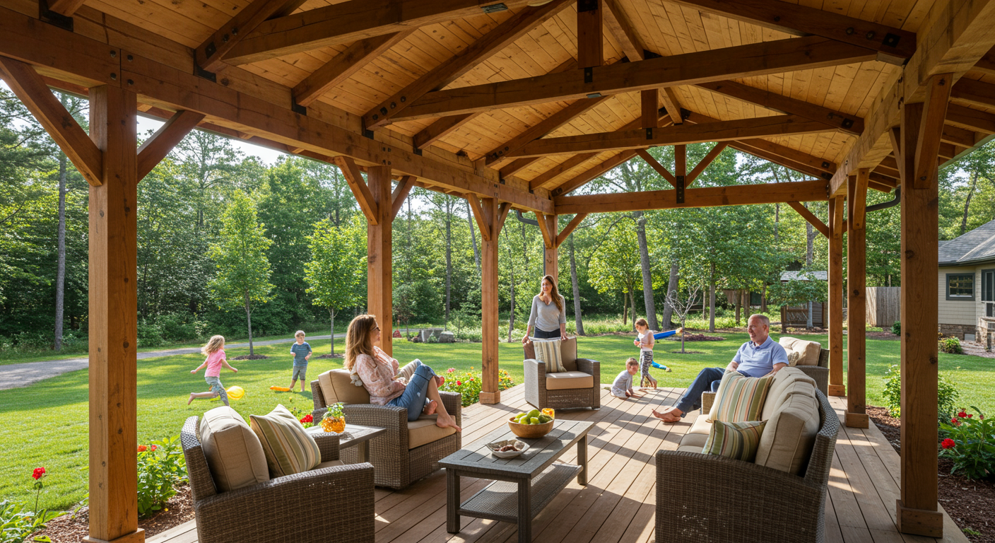 A family enjoying their covered porch during a sunny day, with children playing in the yard. The porch features a rustic design with wooden beams and comfortable seating, creating a warm and inviting atmosphere. The image conveys a sense of community and outdoor living.
