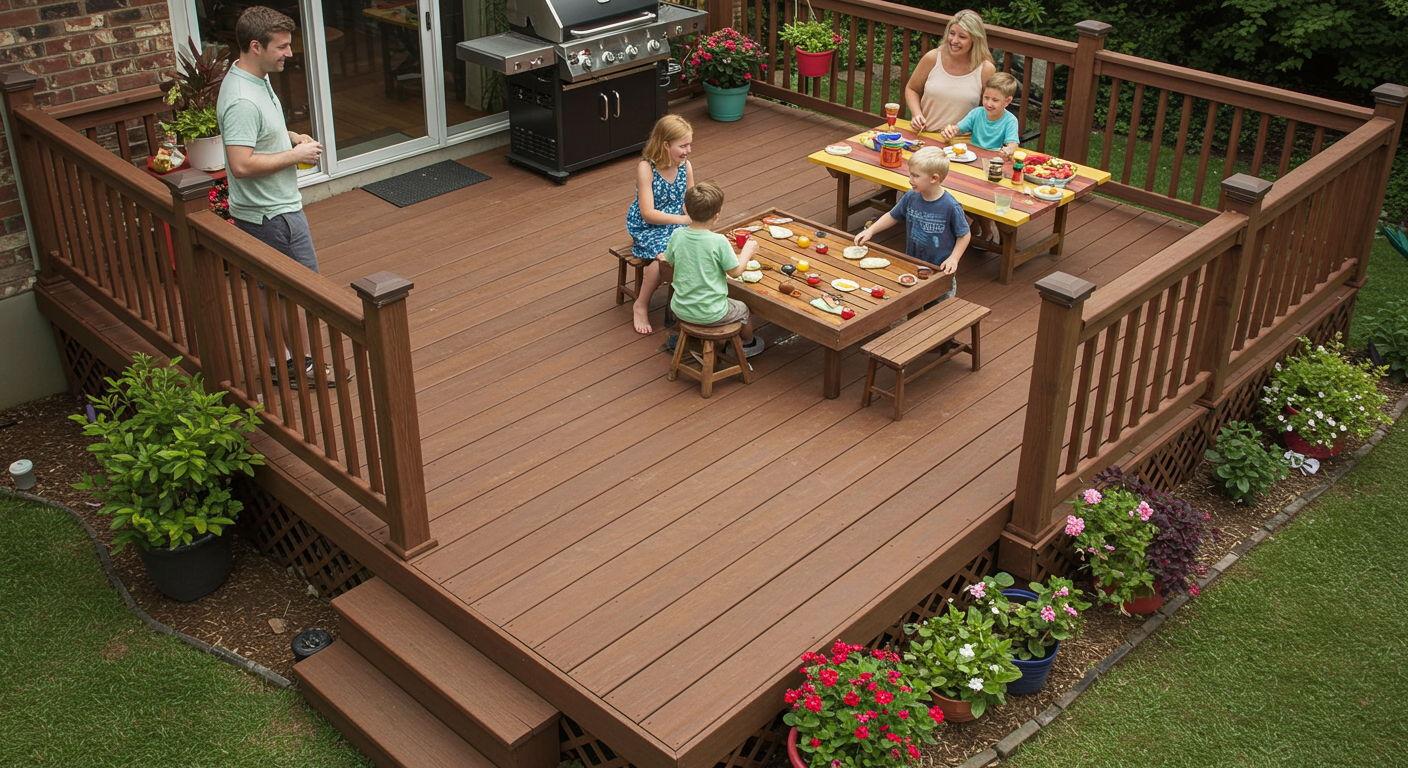 A vibrant image of a family enjoying their custom deck, engaging in activities like barbecuing and playing games. The deck is adorned with colorful plants and outdoor decor, emphasizing the joy of outdoor living.