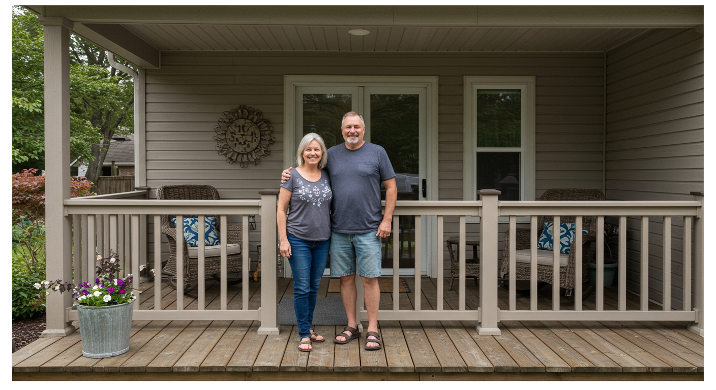 A satisfied couple standing proudly on their newly built porch, smiling and enjoying their outdoor space. The porch is well-furnished and decorated, showcasing quality craftsmanship.