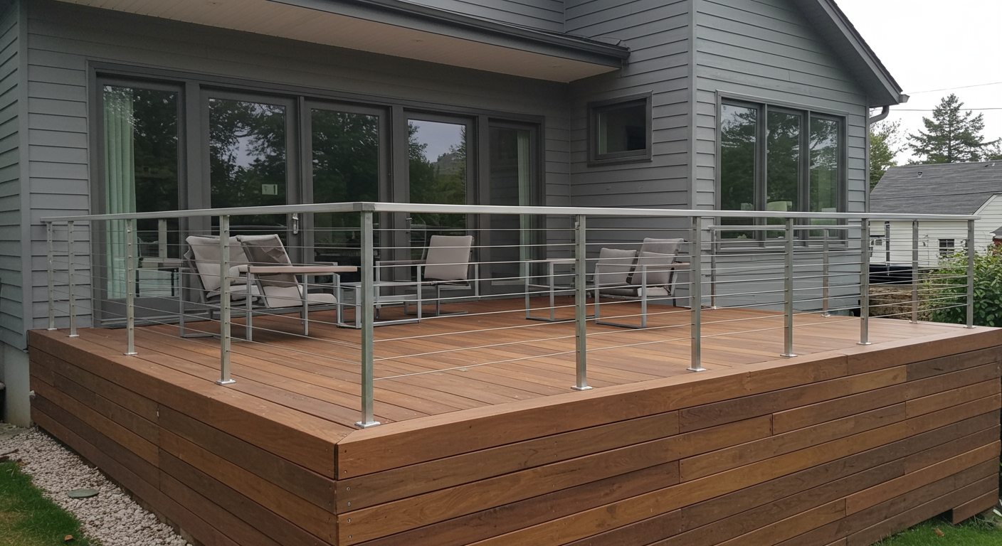A modern flat-roof front deck with sleek metal railings and minimalist furniture. The deck is set against a contemporary home with large windows, showcasing a stylish outdoor living space.
