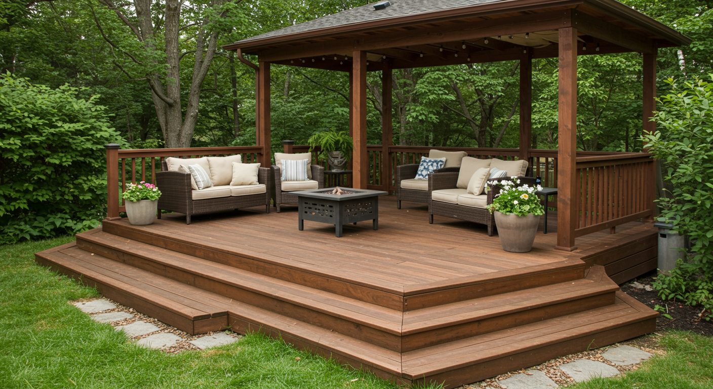 A beautifully designed back porch deck featuring a multi-level layout with wooden decking, surrounded by lush greenery. The setting includes comfortable outdoor furniture, a small fire pit, and decorative plants, showcasing an inviting outdoor living space.