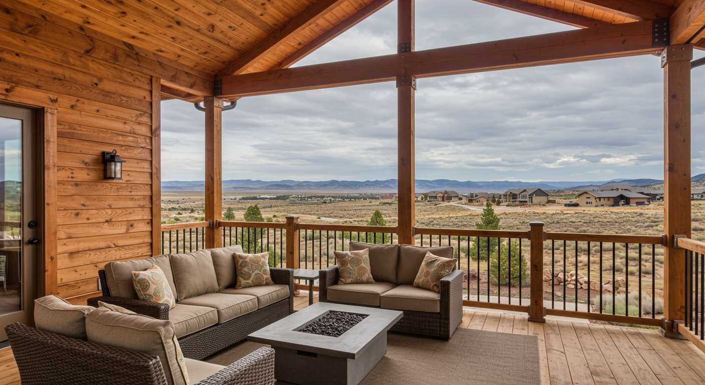 An inviting wood covered porch that seamlessly blends indoor and outdoor living. The space features a cozy seating area with plush cushions, a fire pit, and a view of the surrounding landscape, highlighting the beauty of outdoor living in Aurora, CO.