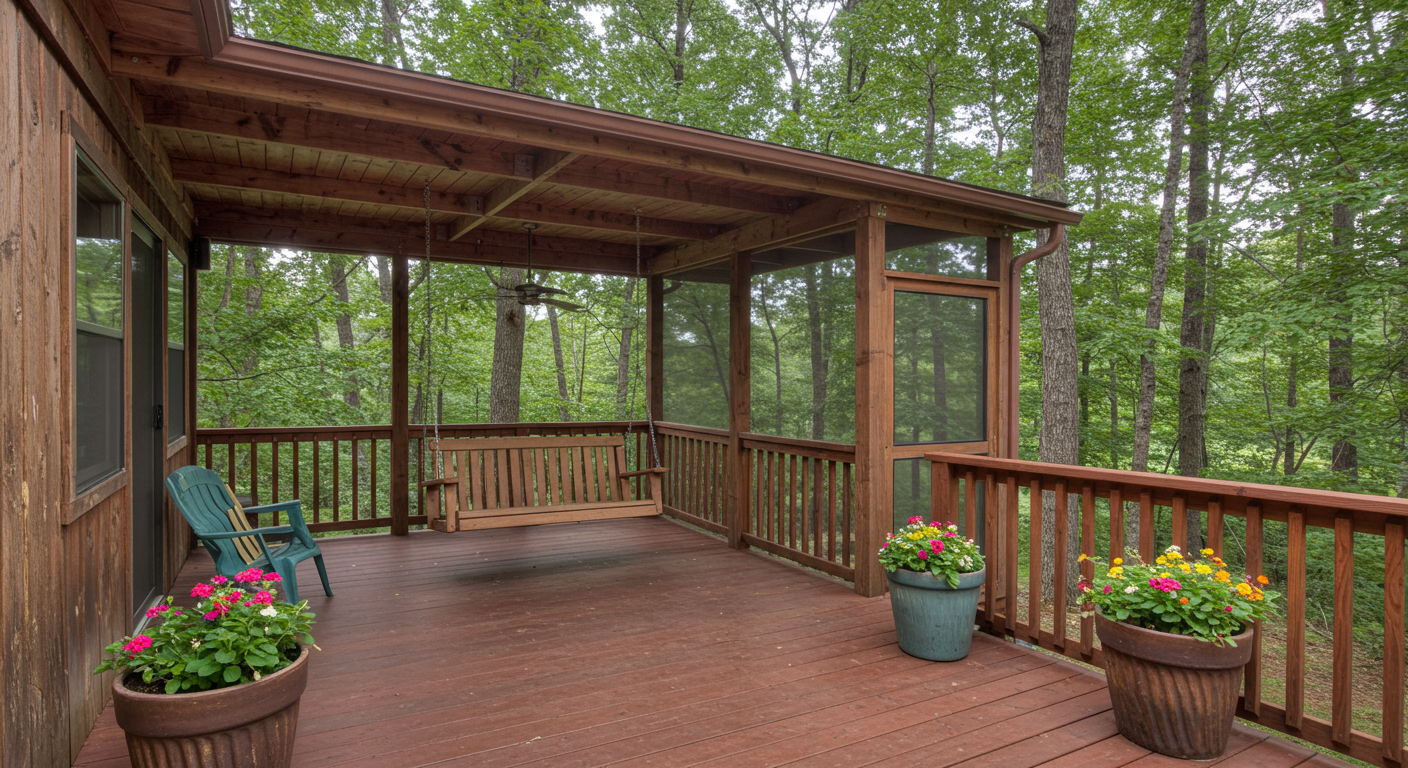 Rustic-style screened porch integrated into a spacious deck