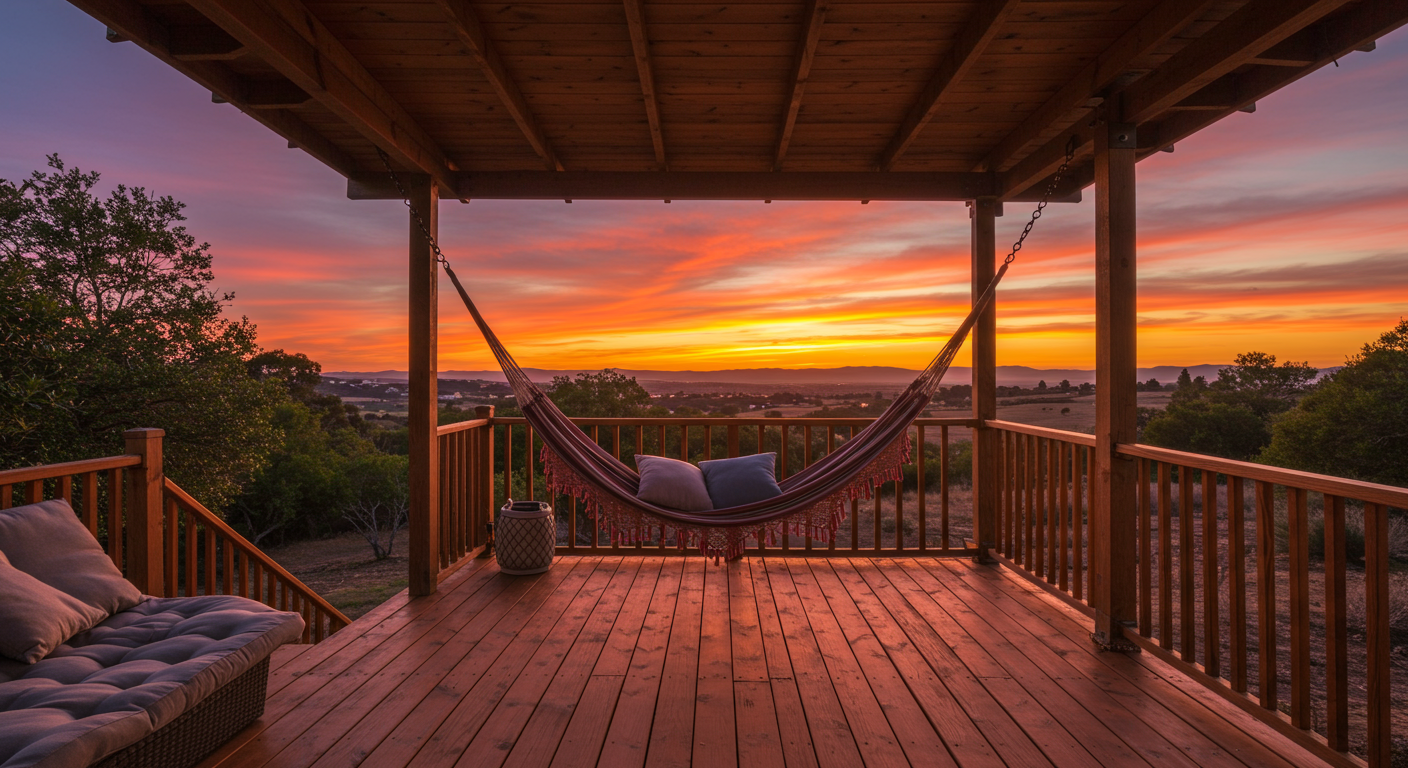 A serene wooden back porch at sunset, highlighting the warm tones of the wood against a vibrant sky. The porch features a hammock and soft cushions, inviting relaxation and tranquility.