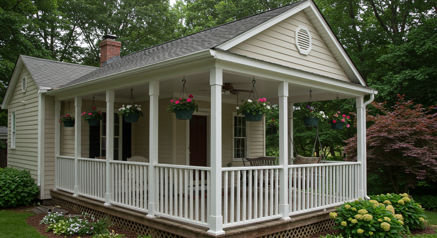 A traditional patio porch with classic railings and a gabled roof. The porch is decorated with hanging flower baskets and a swing chair, offering a charming and inviting atmosphere.