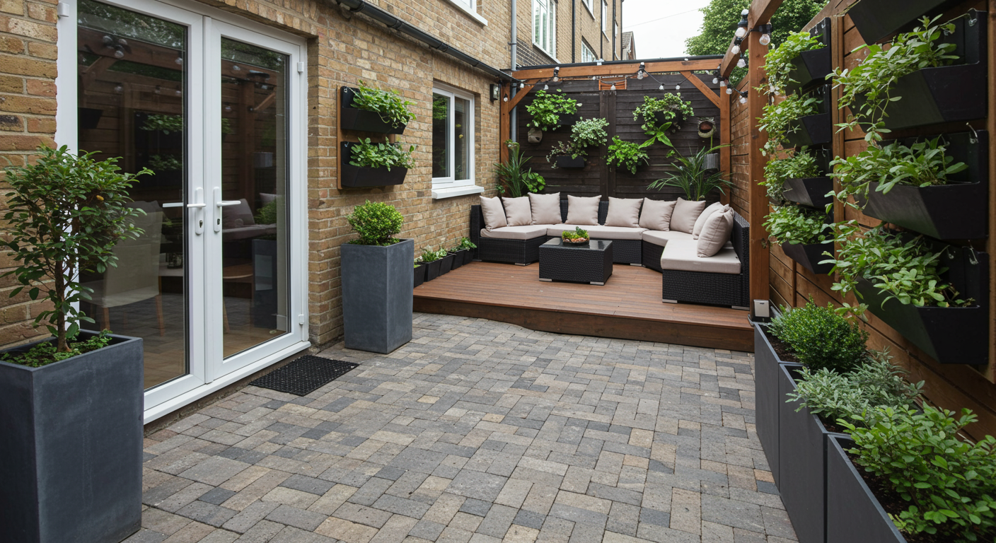 A creative layout of a compact outdoor space featuring a paver patio and a small deck. The design includes space-saving furniture, vertical gardens, and decorative elements that maximize the area’s aesthetic appeal.