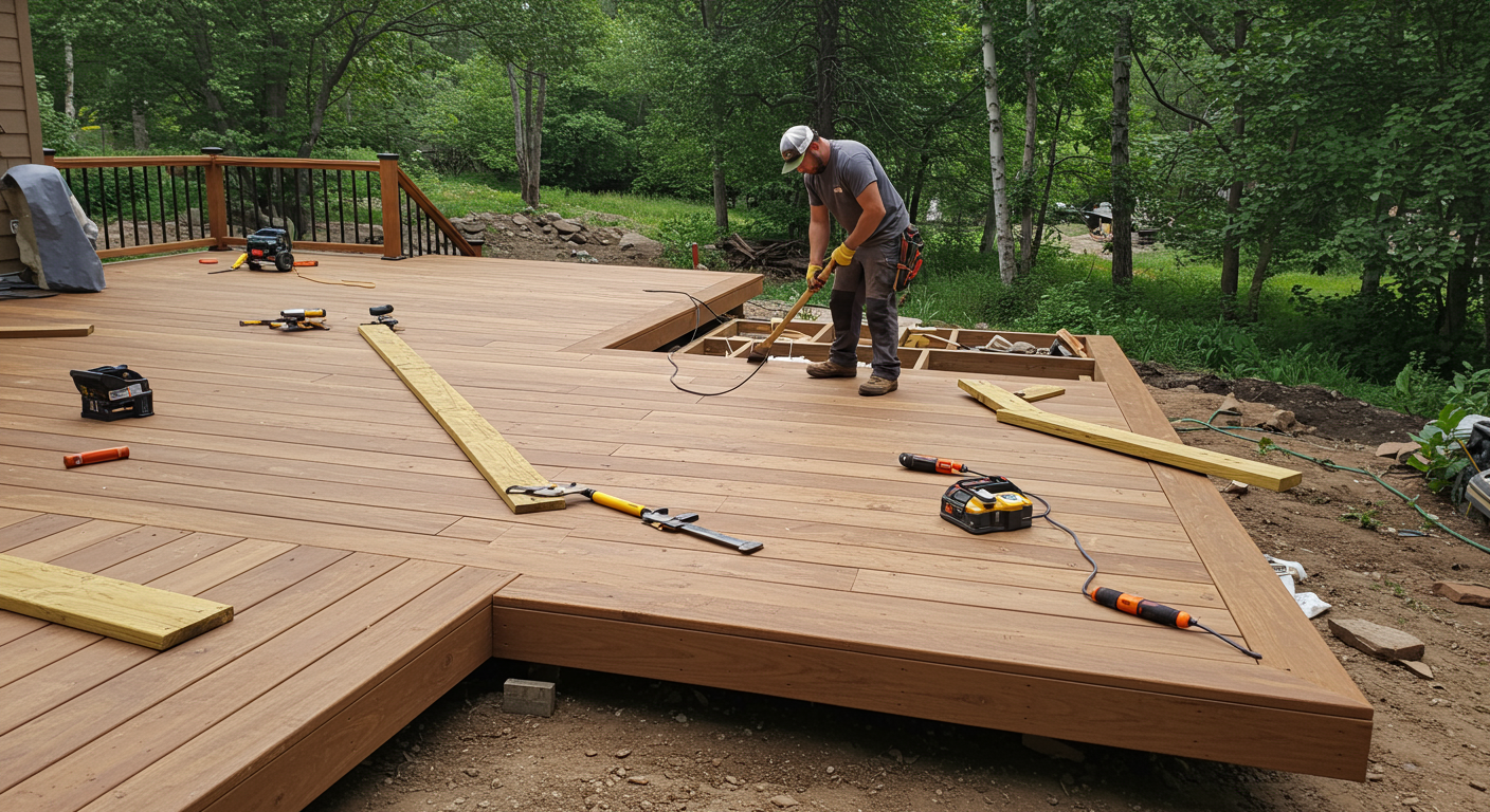 A professional deck builder working on a custom deck design in a residential backyard in Northglenn, CO. The image shows the builder using tools, with partially completed wooden decking in the foreground and a scenic outdoor space in the background.