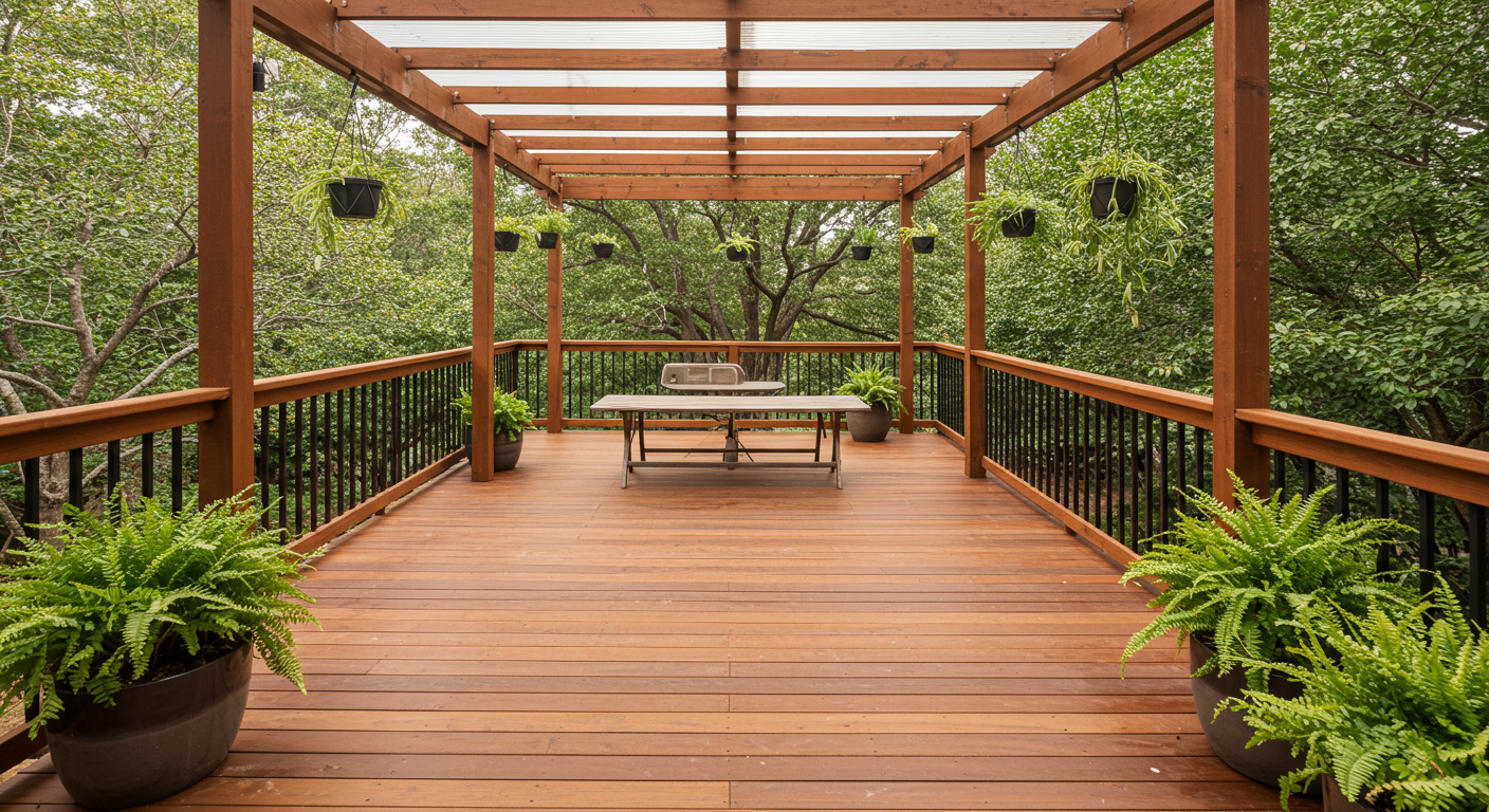 A custom-built wooden deck with a natural finish, surrounded by lush greenery. The deck features a pergola with hanging plants, creating a cozy and inviting outdoor area perfect for gatherings.