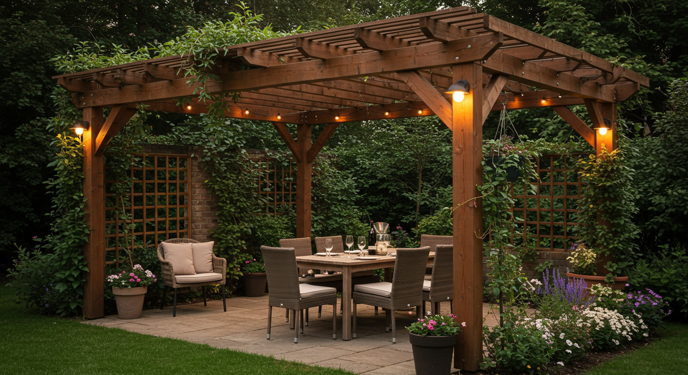 A beautifully crafted pergola made of wood, providing shade over a cozy outdoor dining area, with climbing vines and soft lighting, set in a serene backyard environment.