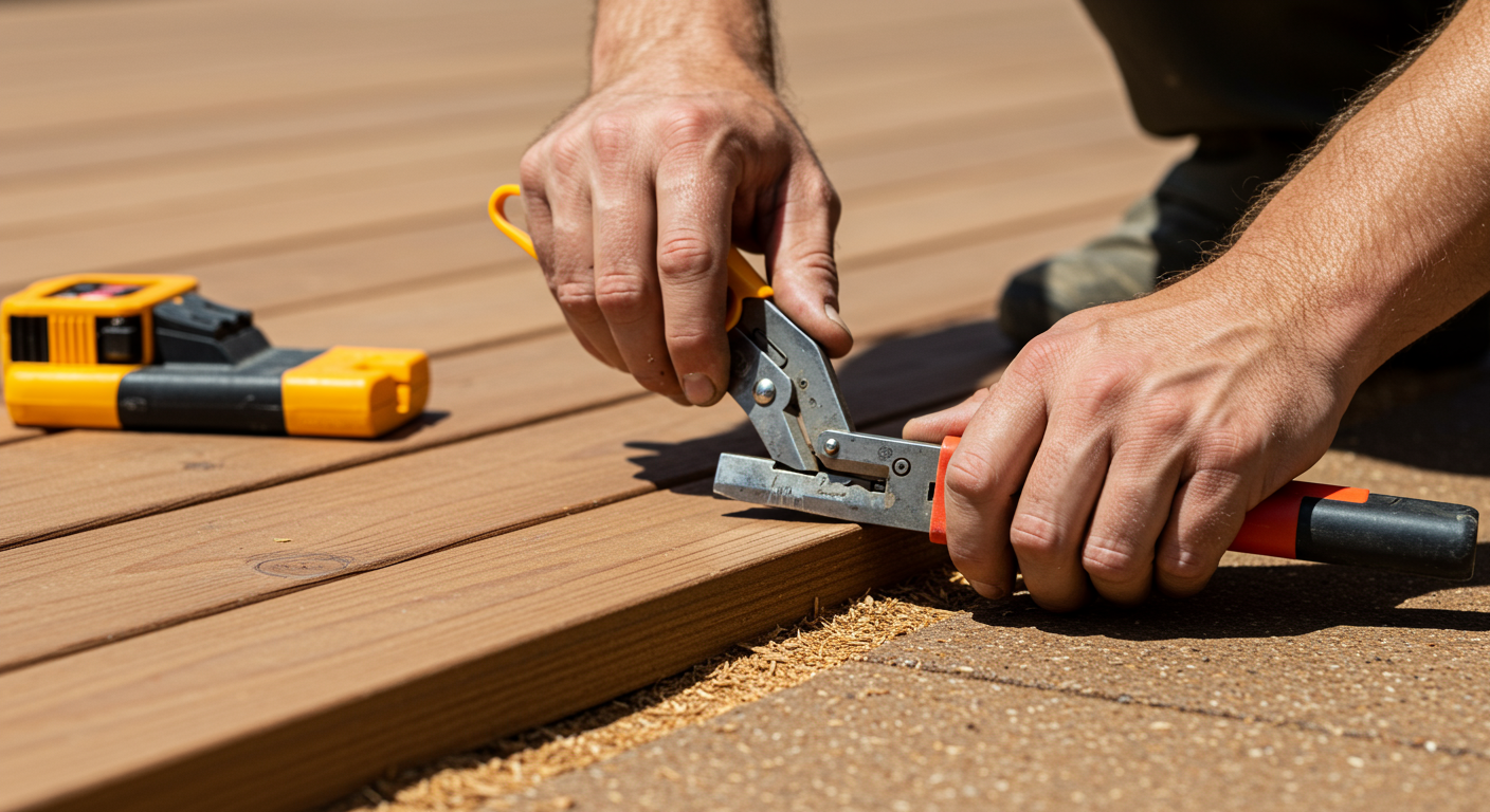 A close-up shot of a craftsman’s hands working on a deck installation, focusing on precision tools and high-quality wood materials.