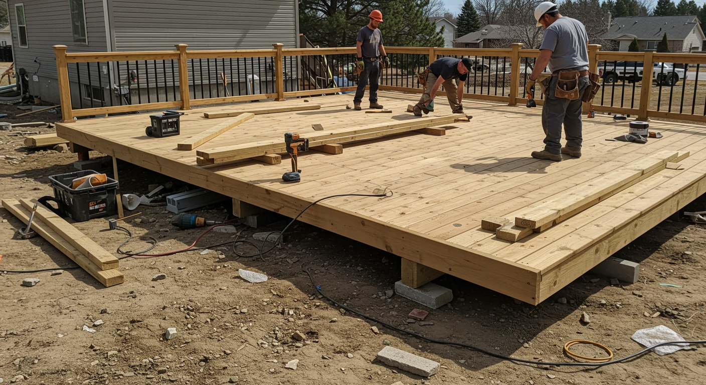 A team of professional deck builders working on-site in Northglenn, CO.