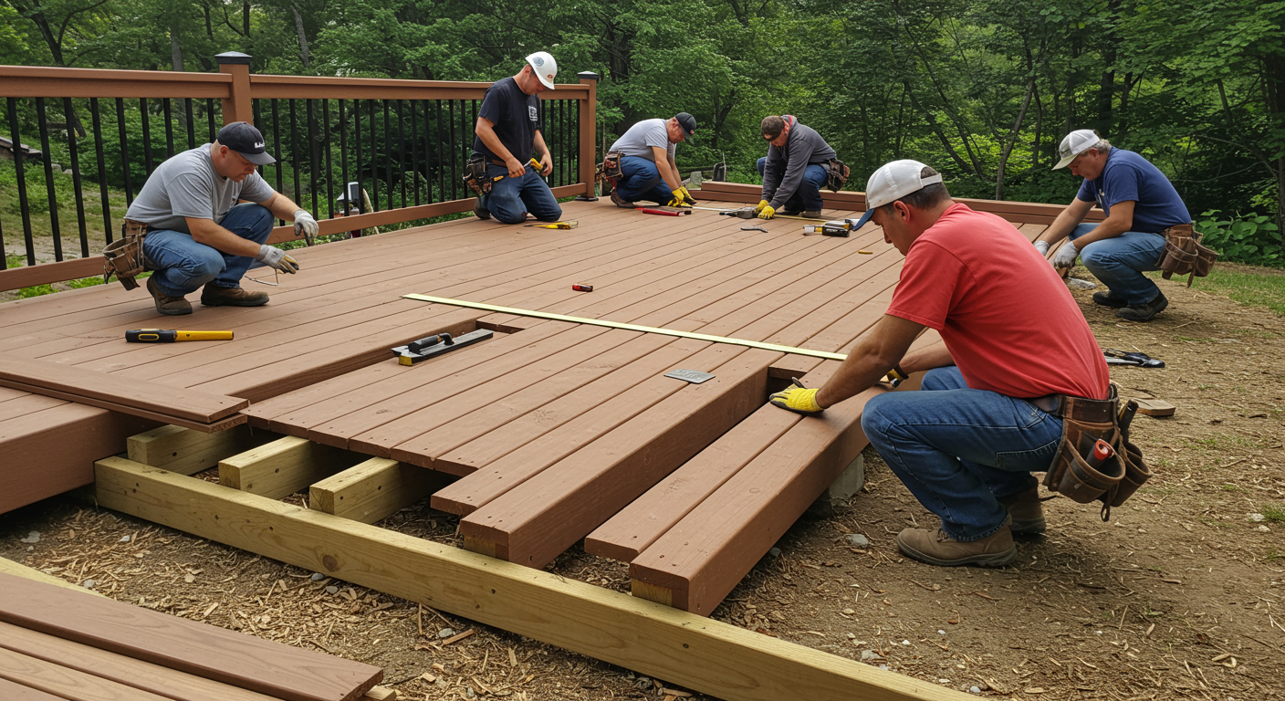 A team of professional deck builders in action, installing a new deck. The image shows workers using tools, measuring materials, and assembling the deck structure.