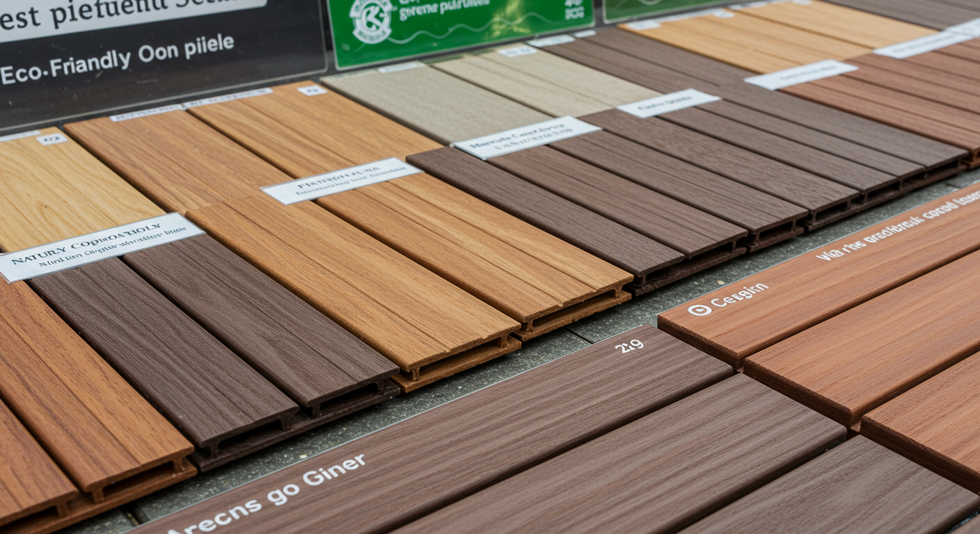 A close-up image displaying a variety of decking materials, including natural wood, composite boards, and eco-friendly options. Each material is labeled and arranged neatly on a table.