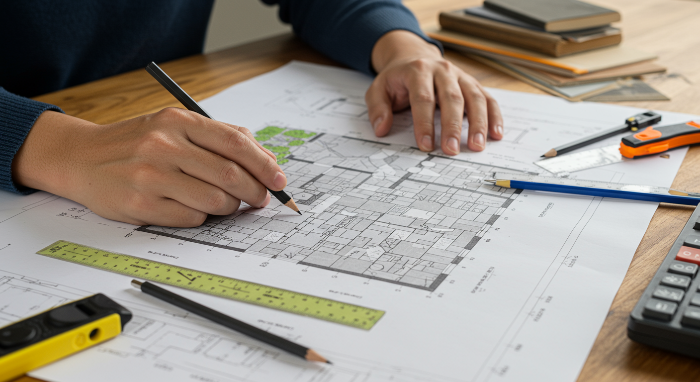 A professional designer working on a CAD drawing of a custom patio layout. The image captures the designer's focus, with design tools and materials spread out on a table, showcasing the planning stage of patio construction.