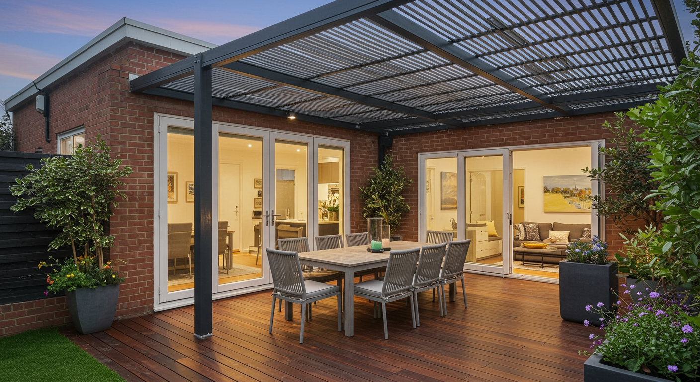 An elegant backyard patio under a deck featuring a stylish pergola, outdoor dining furniture, and decorative plants. The design emphasizes a seamless blend of indoor and outdoor living.