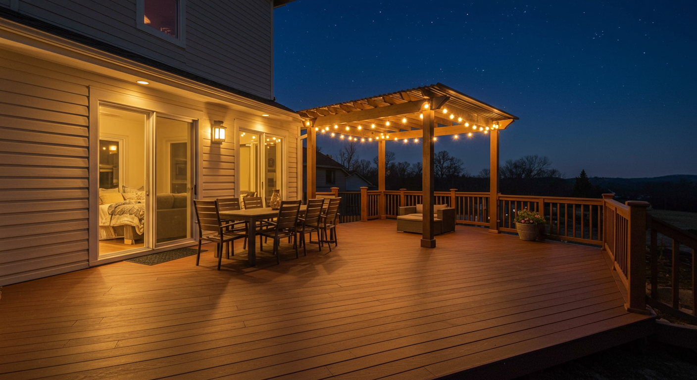 A custom deck illuminated with soft LED lighting, creating a warm and inviting evening ambiance. The deck features a dining area, a pergola with string lights, and a view of the starry night sky.