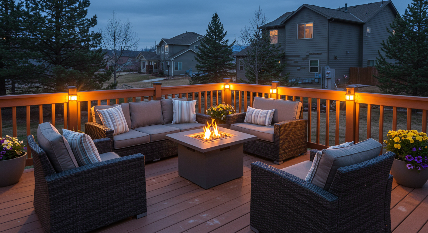 A cozy evening setting featuring a deck illuminated with soft, warm lighting. The deck includes comfortable outdoor furniture, a fire pit, and decorative plants. The background shows a suburban home in Littleton, CO, creating a welcoming and serene atmosphere.