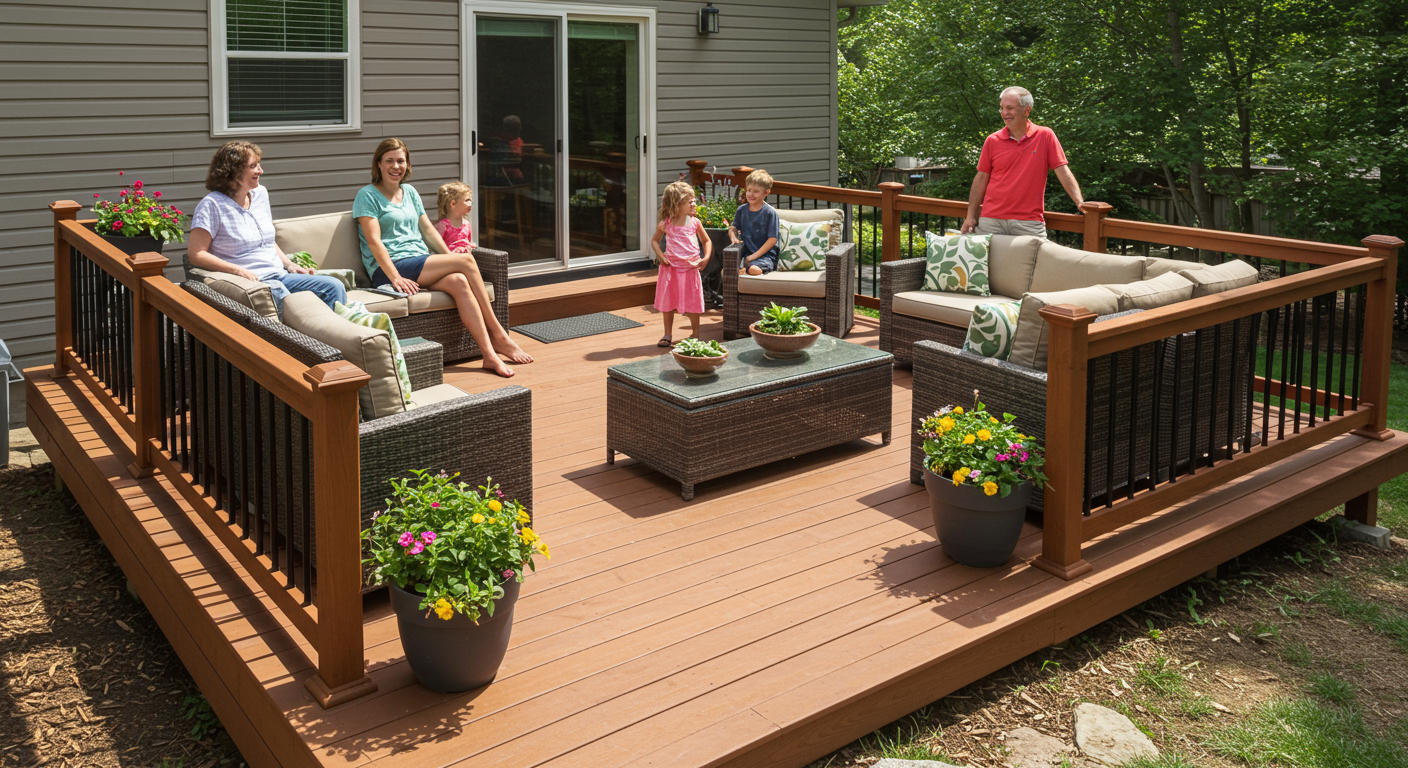 A family enjoying a sunny day on their custom deck, with children playing and adults relaxing. The deck is adorned with outdoor furniture and plants, emphasizing the joy of outdoor living in Arvada.