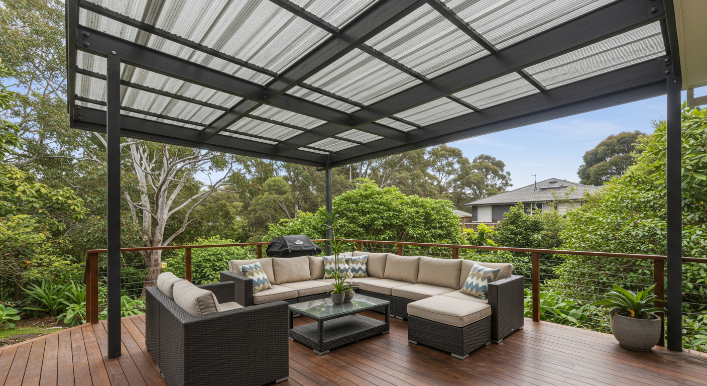 A spacious covered deck featuring a modern lounge area with stylish outdoor furniture, surrounded by lush greenery. The deck has a sleek, contemporary roof design that provides ample shade.