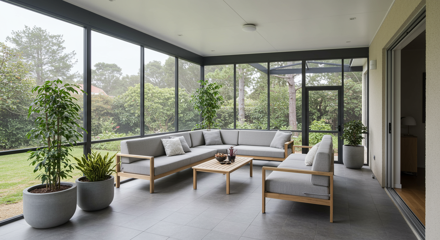 A sleek, contemporary screened-in patio showcasing minimalist furniture with clean lines. Large glass panels allow natural light to flood the space, complemented by potted plants that add a touch of greenery.