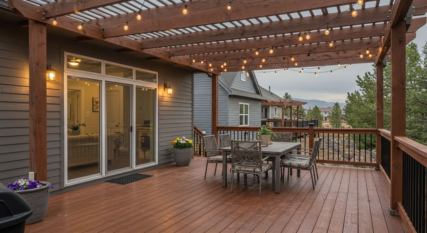 A modern outdoor living space featuring a wooden deck with a pergola, string lights, and a dining area. The image highlights the versatility of custom deck designs for homeowners in Northglenn, CO.