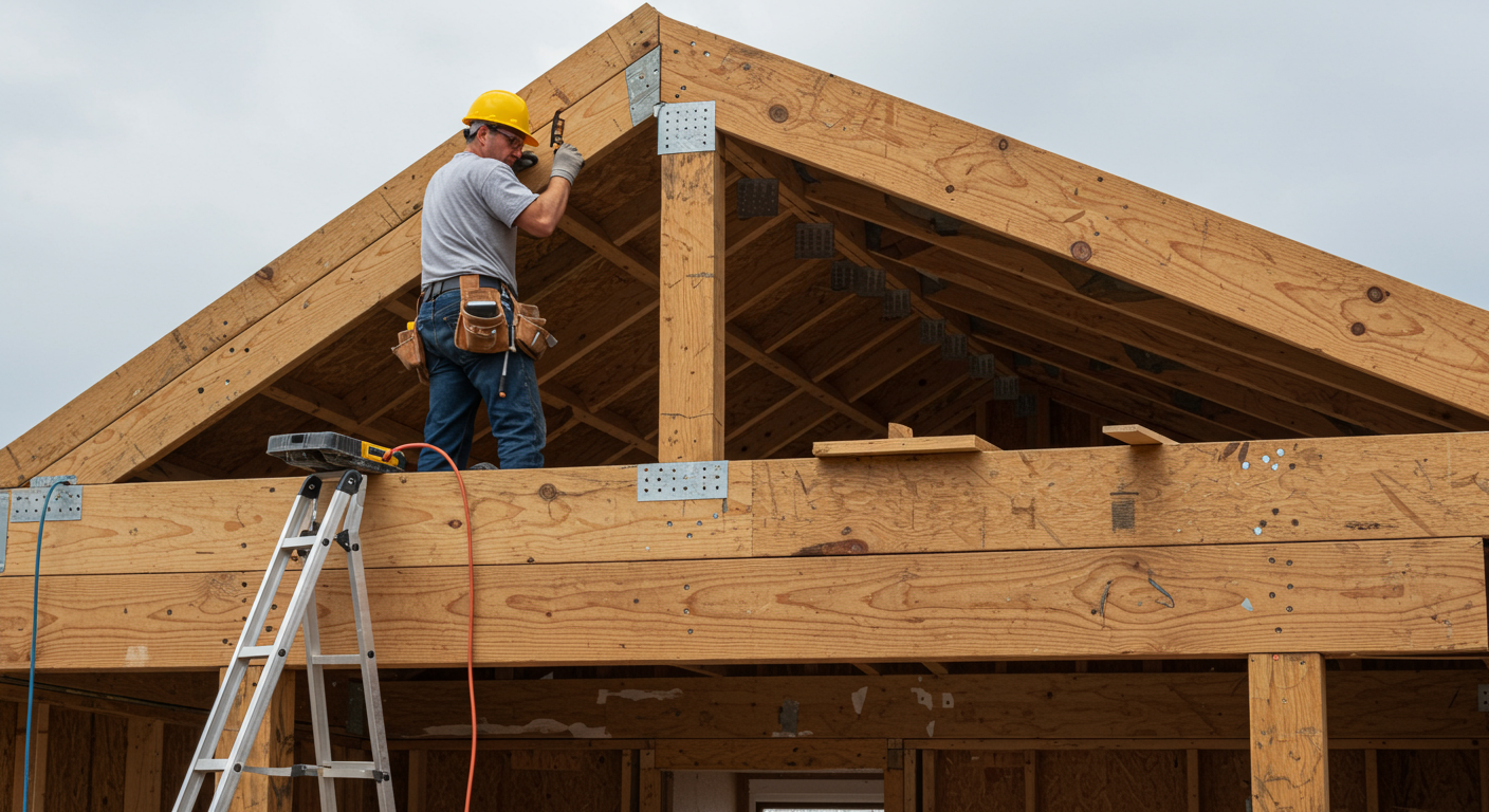A skilled builder working on the framework of a covered porch, showcasing tools and materials.