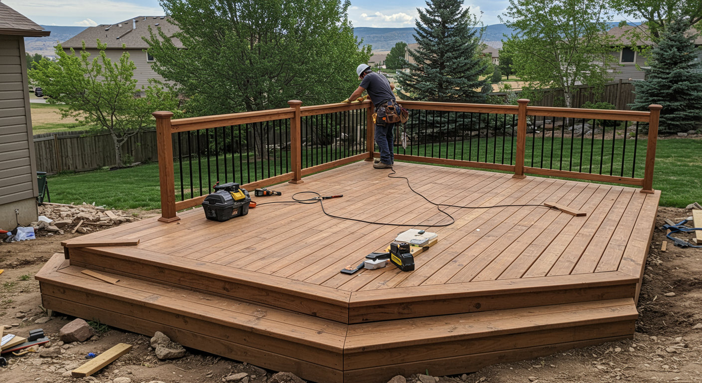 A professional deck builder working on a modern wooden deck in a suburban backyard in Northglenn, CO.