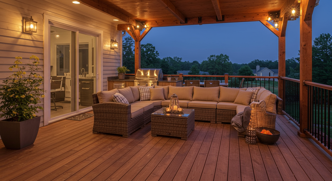A luxurious outdoor living space featuring eco-friendly Trex decking, complete with an outdoor kitchen, cozy seating area, and decorative lighting. The setting is perfect for evening gatherings.