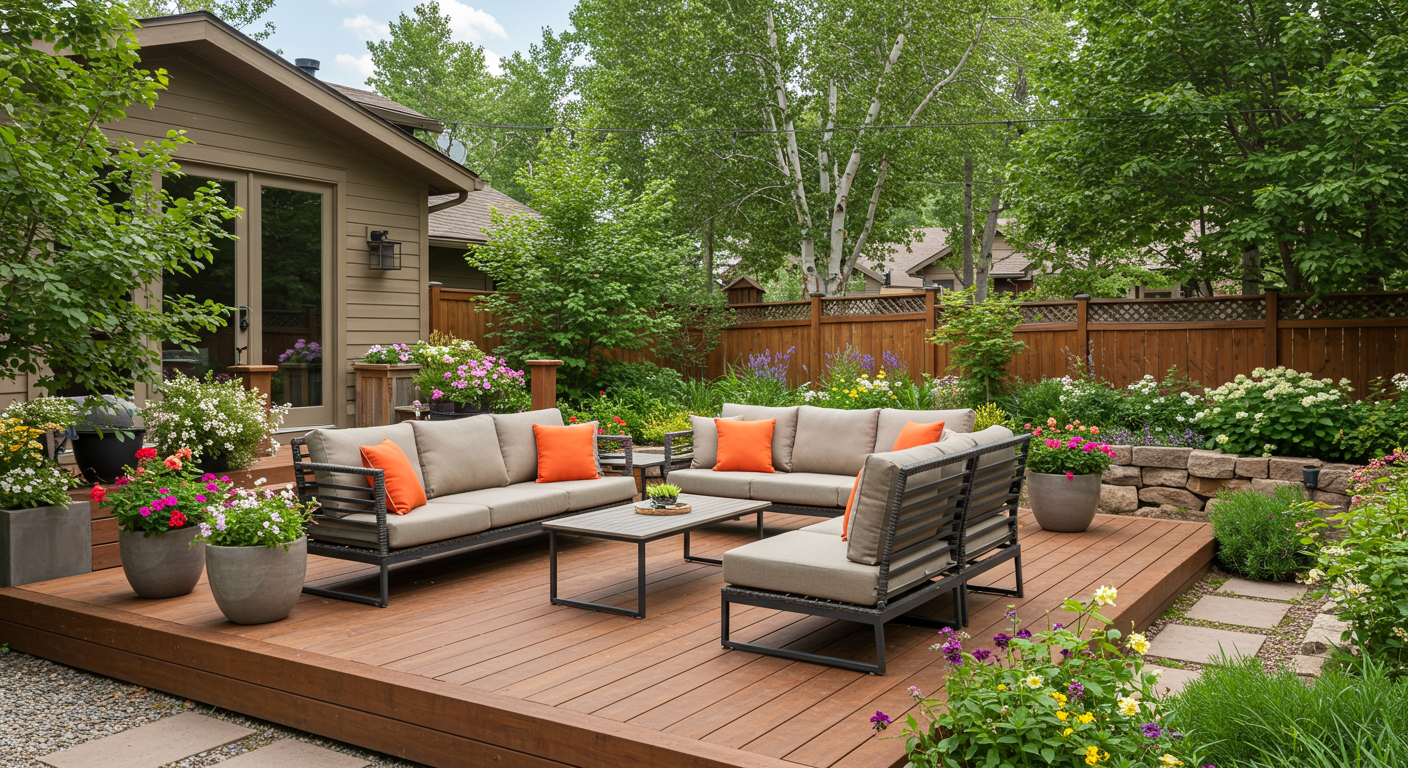 A beautifully designed backyard featuring a modern wooden deck with comfortable outdoor furniture, surrounded by lush greenery and colorful flower beds. The scene captures a sunny day in Boulder, showcasing the natural beauty of the area.