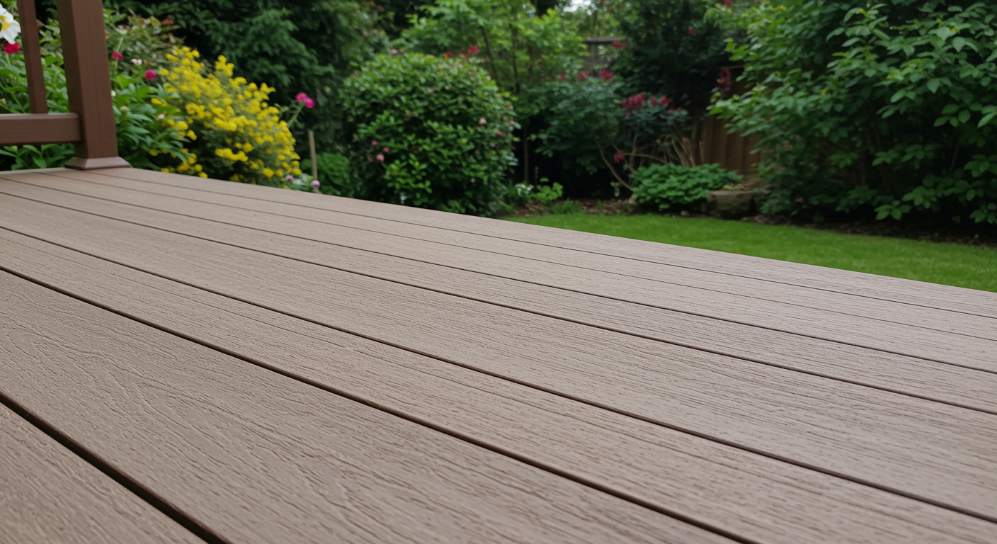 A close-up view of a composite deck, highlighting its durability and aesthetic appeal. The image captures the texture and color variations of the composite material, set against a backdrop of a well-maintained garden.