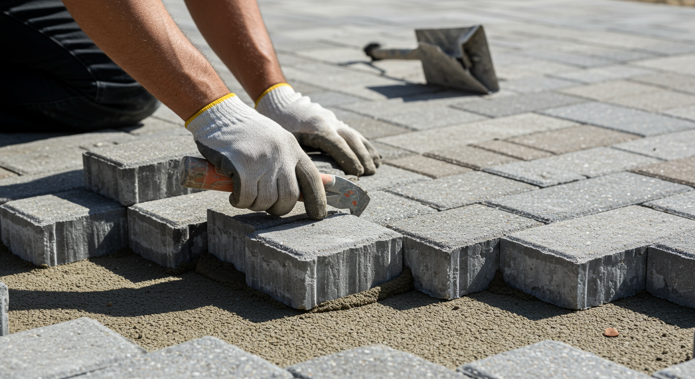 A close-up of a contractor laying down paver stones for a patio, showcasing the craftsmanship and attention to detail in the construction process.