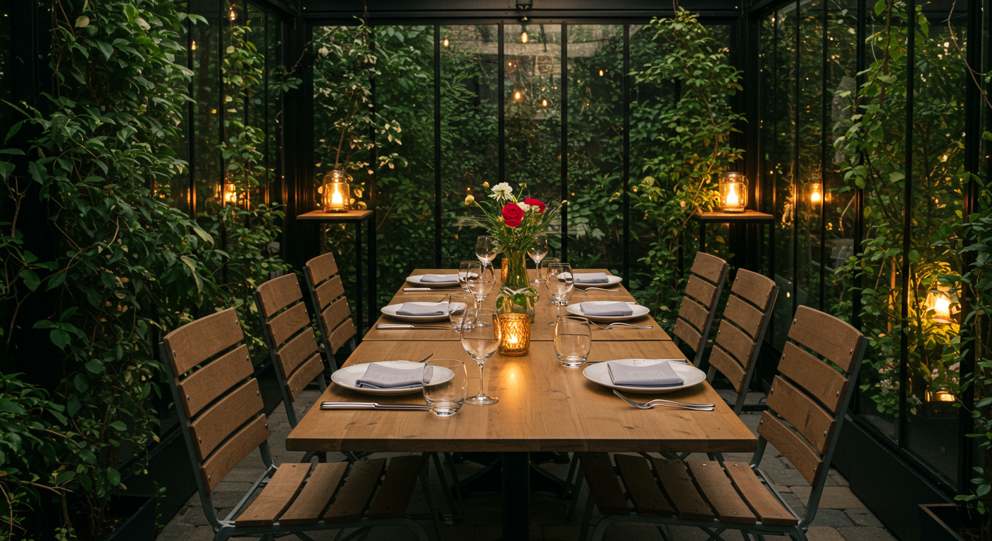 A beautifully set table on a closed-in patio, adorned with elegant tableware and surrounded by lush greenery. Soft lighting creates a warm and inviting atmosphere, perfect for an intimate dining experience.