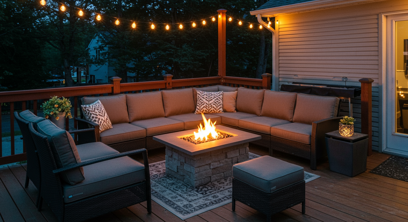 A cozy outdoor deck area featuring a fire pit, comfortable seating, and decorative lighting. The scene is set in the evening, emphasizing a warm and welcoming atmosphere.