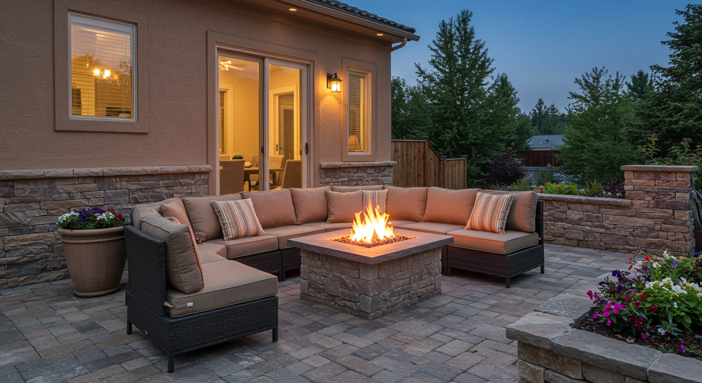 A cozy patio featuring a fire pit surrounded by comfortable seating. The patio is adorned with decorative stones and potted plants, creating a warm and inviting atmosphere for evening gatherings.