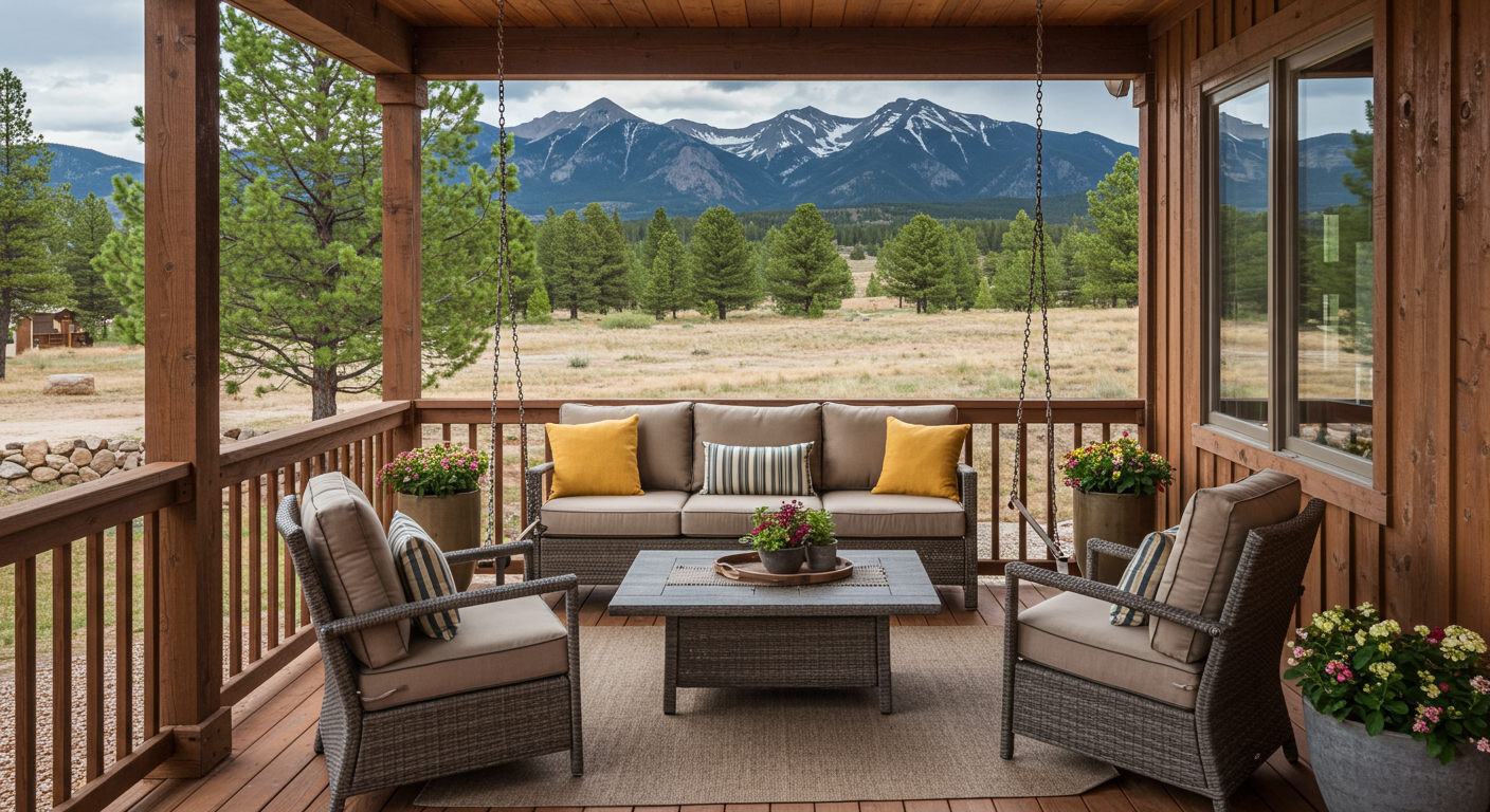 A beautifully designed back porch featuring comfortable seating, a wooden swing, and potted plants, set against a backdrop of the Colorado mountains.