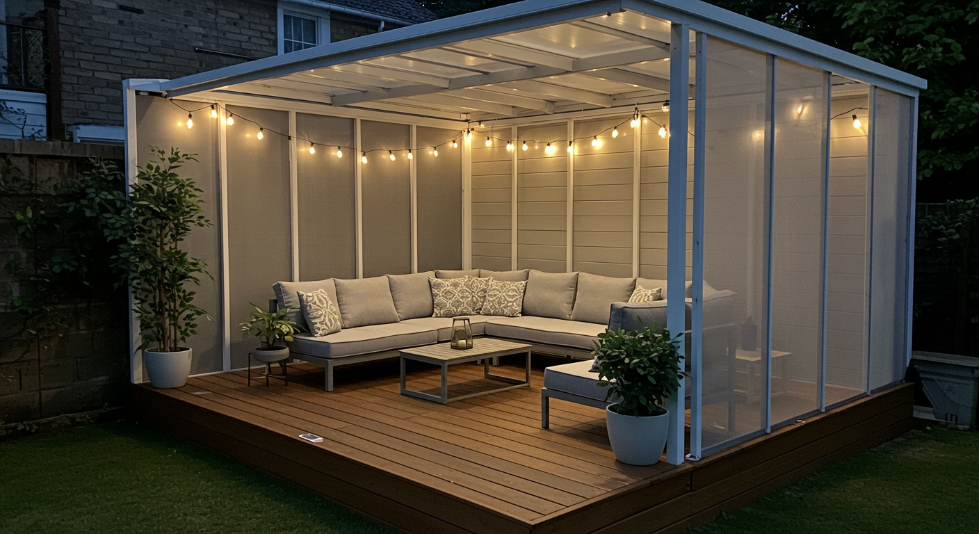 A beautifully designed enclosed raised deck featuring comfortable outdoor furniture, plants, and decorative lighting, creating an inviting atmosphere for relaxation and entertainment.